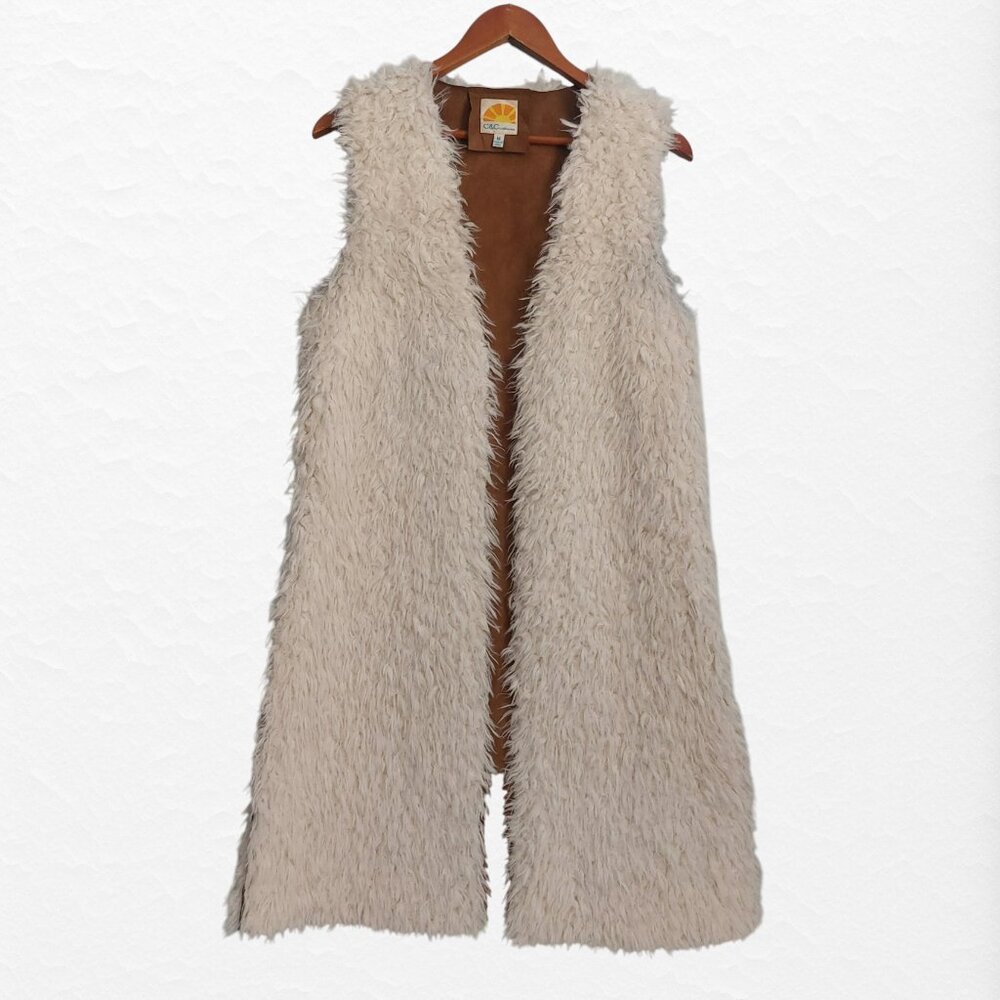 Faux Fur Cardigan Vest M White Brown Faux Suede Boho Chic Cabincore Open Front - Picture 5 of 10